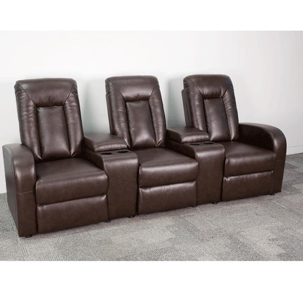 Eclipse Series 3-Seat Reclining Brown Leathersoft Theater Seating Unit With Cup Holders By Flash Furniture | Chairs & Recliners | Modishstore - 3