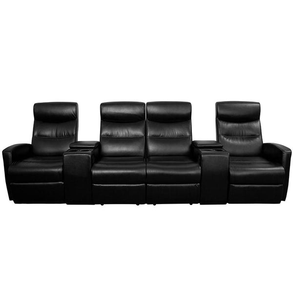 Anetos Series 4-Seat Reclining Black Leathersoft Theater Seating Unit With Cup Holders By Flash Furniture | Chairs & Recliners | Modishstore - 4