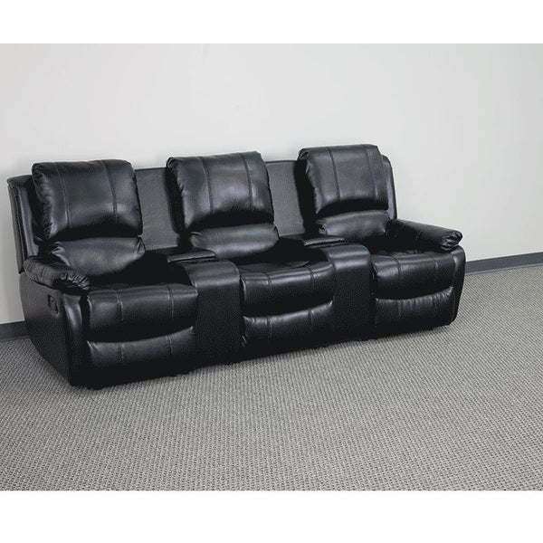 Allure Series 3-Seat Reclining Pillow Back Black Leathersoft Theater Seating Unit With Cup Holders By Flash Furniture | Chairs & Recliners | Modishstore - 3