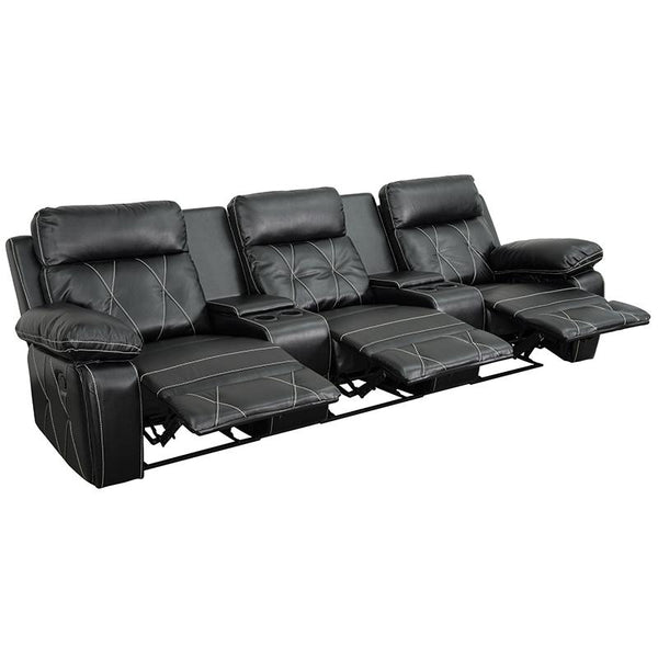 Reel Comfort Series 3-Seat Reclining Black Leathersoft Theater Seating Unit With Straight Cup Holders By Flash Furniture | Chairs & Recliners | Modishstore