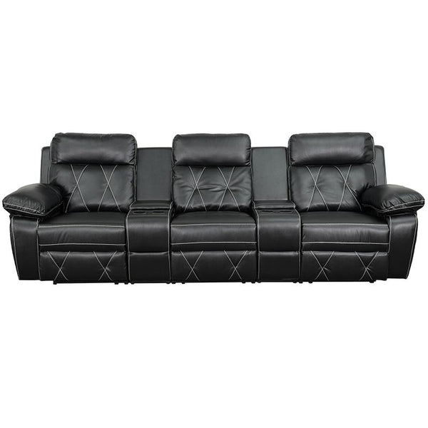 Reel Comfort Series 3-Seat Reclining Black Leathersoft Theater Seating Unit With Straight Cup Holders By Flash Furniture | Chairs & Recliners | Modishstore - 4