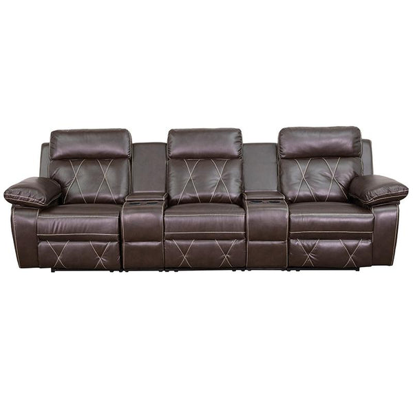 Reel Comfort Series 3-Seat Reclining Brown Leathersoft Theater Seating Unit With Straight Cup Holders By Flash Furniture | Chairs & Recliners | Modishstore - 4