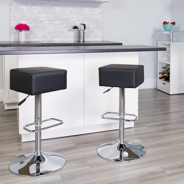 Contemporary Black Vinyl Adjustable Height Barstool With Square Seat And Chrome Base By Flash Furniture | Bar Stools | Modishstore