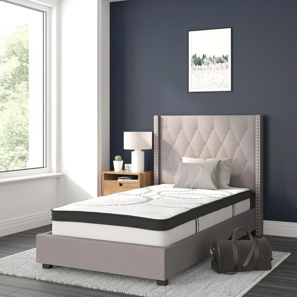 Riverdale Twin Size Tufted Upholstered Platform Bed In Light Gray Fabric With 10 Inch Certipur-Us Certified Pocket Spring Mattress By Flash Furniture | Beds | Modishstore - 2