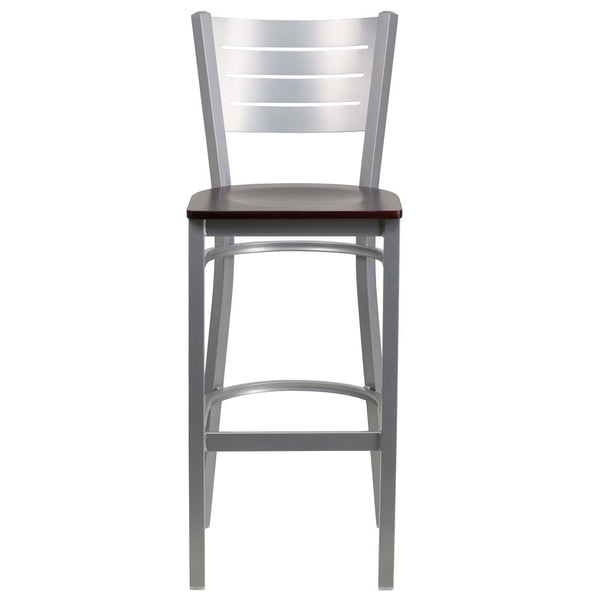 Hercules Series Silver Slat Back Metal Restaurant Barstool - Mahogany Wood Seat By Flash Furniture | Bar Stools | Modishstore - 4