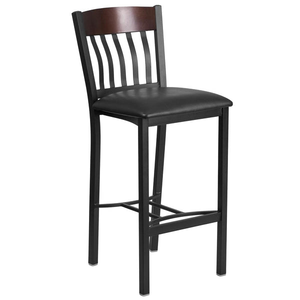 Eclipse Series Vertical Back Black Metal And Walnut Wood Restaurant Barstool With Black Vinyl Seat By Flash Furniture | Bar Stools | Modishstore