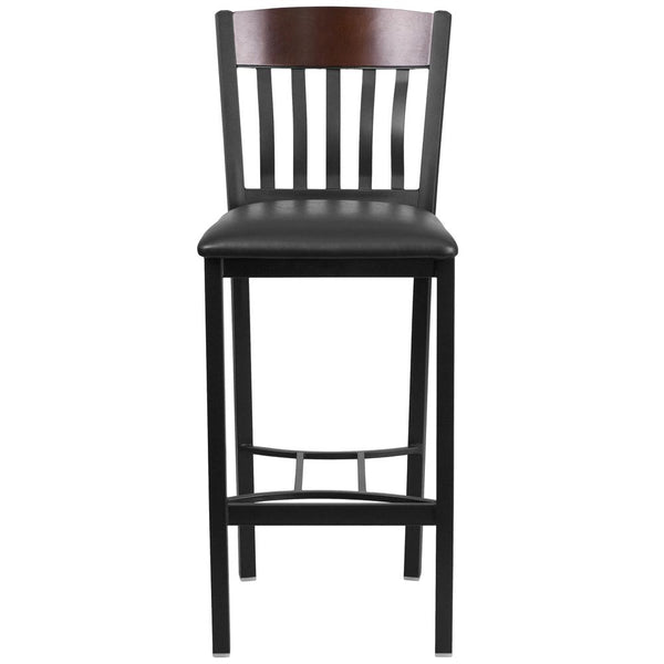 Eclipse Series Vertical Back Black Metal And Walnut Wood Restaurant Barstool With Black Vinyl Seat By Flash Furniture | Bar Stools | Modishstore - 4