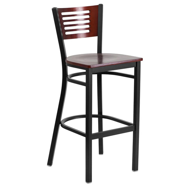 Hercules Series Black Slat Back Metal Restaurant Barstool - Mahogany Wood Back & Seat By Flash Furniture | Bar Stools | Modishstore