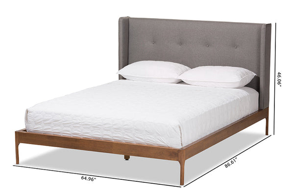 baxton studio brooklyn mid century modern walnut wood grey fabric queen size platform bed | Modish Furniture Store-9