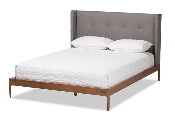 baxton studio brooklyn mid century modern walnut wood grey fabric queen size platform bed | Modish Furniture Store-8