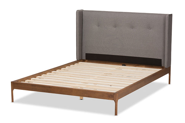 baxton studio brooklyn mid century modern walnut wood grey fabric queen size platform bed | Modish Furniture Store-10