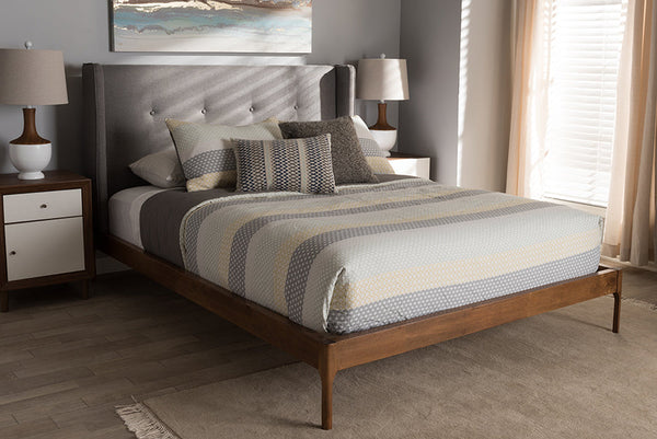 Baxton Studio Brooklyn Mid-Century Modern Walnut Wood Grey Fabric Queen Size Platform Bed | Modishstore | Beds