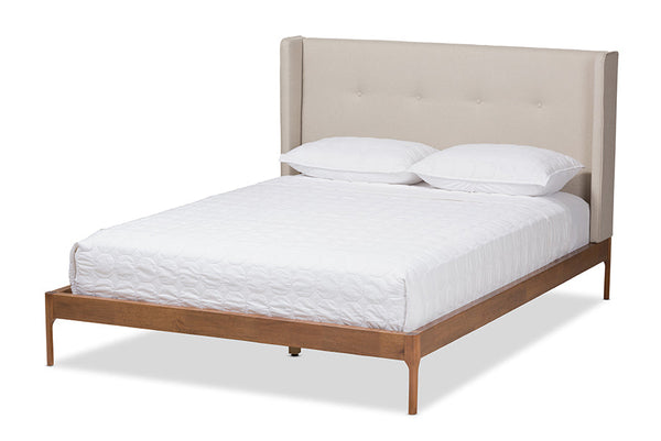 baxton studio brooklyn mid century modern walnut wood beige fabric queen size platform bed | Modish Furniture Store-9