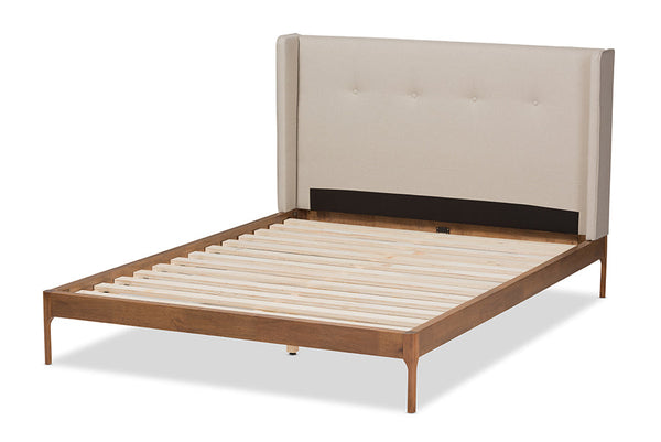 baxton studio brooklyn mid century modern walnut wood beige fabric queen size platform bed | Modish Furniture Store-10