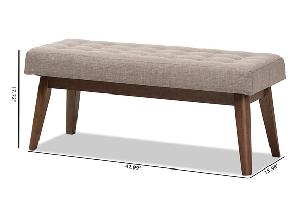 baxton studio elia mid century modern walnut wood light beige fabric button tufted bench | Modish Furniture Store-7