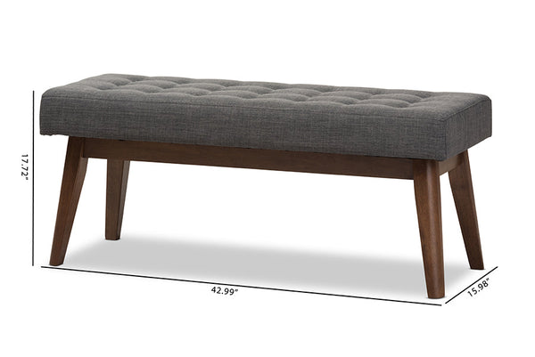 baxton studio elia mid century modern walnut wood light beige fabric button tufted bench | Modish Furniture Store-14