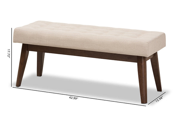 baxton studio elia mid century modern walnut wood light beige fabric button tufted bench | Modish Furniture Store-22