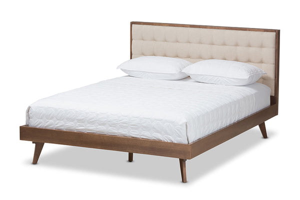 baxton studio soloman mid century modern light beige fabric and walnut brown finished wood king size platform bed | Modish Furniture Store-2