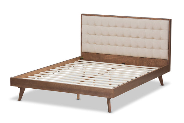 baxton studio soloman mid century modern light beige fabric and walnut brown finished wood king size platform bed | Modish Furniture Store-4