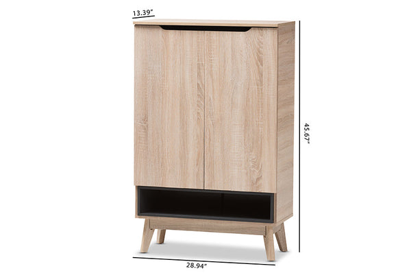 baxton studio fella mid century modern two tone oak and grey wood shoe cabinet | Modish Furniture Store-8