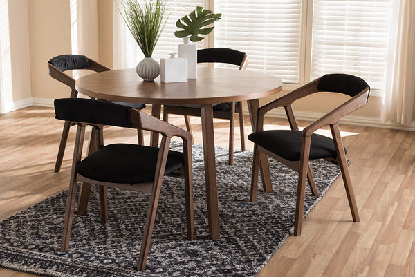 baxton studio wendy mid century modern black fabric and walnut medium brown wood finishing dining set | Modish Furniture Store-2