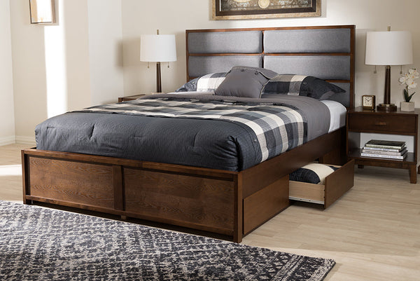 Baxton Studio Macey Modern and Contemporary Dark Grey Fabric Upholstered Walnut Finished King Size Storage Platform Bed | Modishstore | Beds