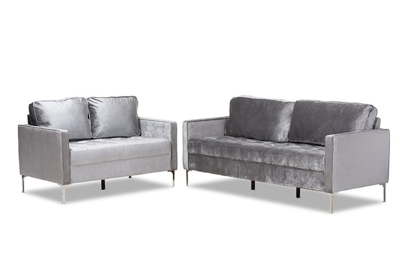 baxton studio clara modern and contemporary grey velvet fabric upholstered 2 piece living room set | Modish Furniture Store-2