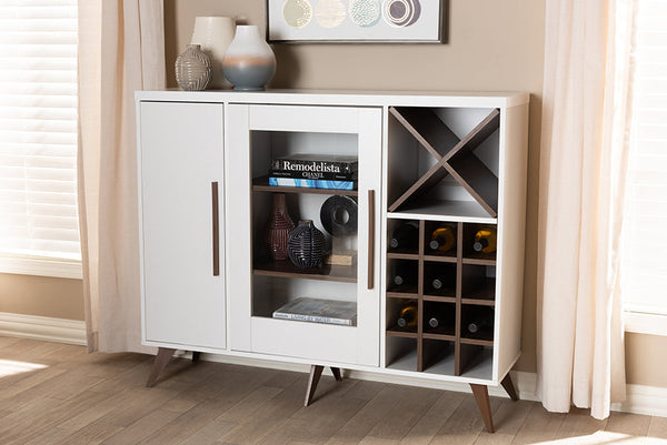 Baxton Studio Pietro Mid-Century Modern White and Brown Finished Wine Cabinet | Modishstore | Cabinets