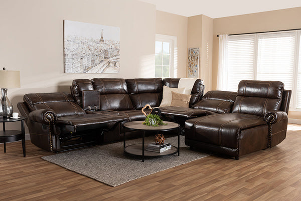 Baxton Studio Dacio Modern and Contemporary Brown Faux Leather Upholstered 6-Piece Sectional Recliner Sofa with 2 Reclining Seats | Modishstore | Chairs & Recliners