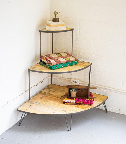 Kalalou Recycled Wood & Iron Three Tiered Corner Display | Modishstore | Accent Tables