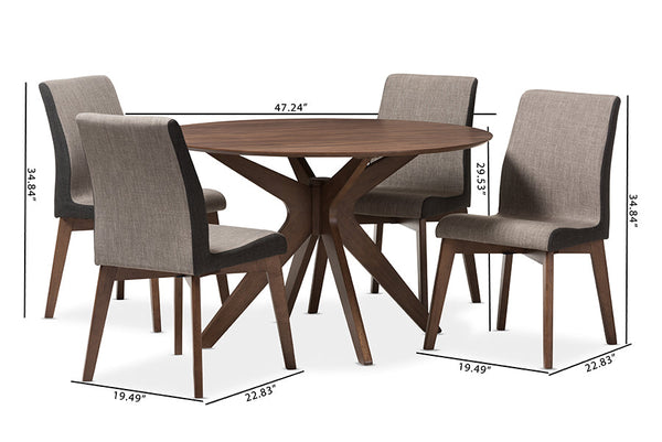 baxton studio kimberly mid century modern walnut wood round 5 piece dining set | Modish Furniture Store-7