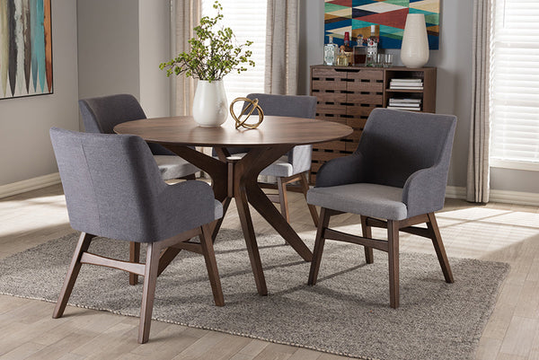 Baxton Studio Monte Mid-Century Modern Walnut Wood Round 5-Piece Dining Set | Modishstore | Dining Sets