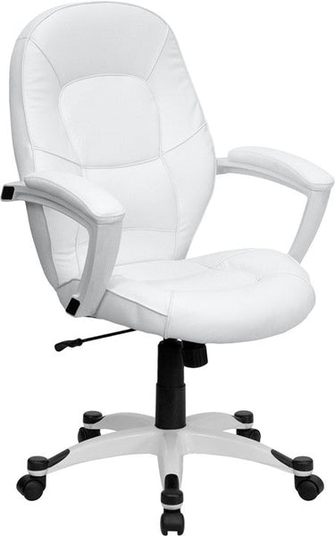 Flash Furniture QD-5058M-WHITE-GG Mid-Back White Leather Executive Swivel Office Chair With Synchro-Tilt Mechanism | Office Chairs | Modishstore