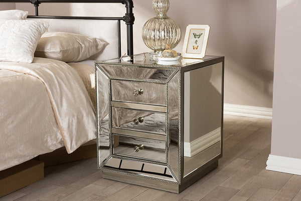 Baxton Studio Currin Contemporary Mirrored 3-Drawer Nightstand | Modishstore | Nightstands