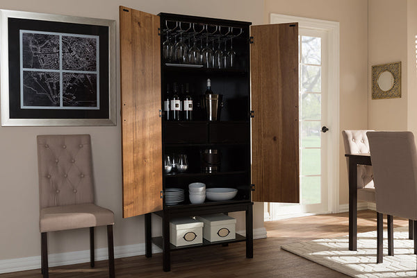 Baxton Studio Marya Mid-Century Modern Dark Brown And Walnut Two-Tone Solid Rubberwood MDF Veneered Wine Cabinet | Modishstore | Cabinets