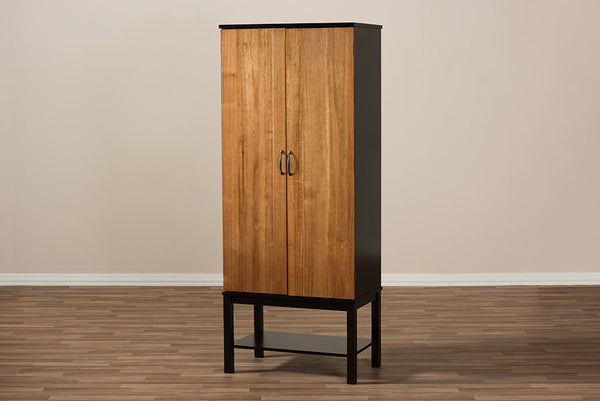 baxton studio marya mid century modern dark brown and walnut two tone solid rubberwood mdf veneered wine cabinet | Modish Furniture Store-3