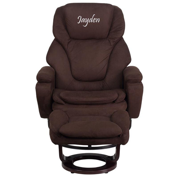 Personalized Contemporary Multi-Position Recliner And Ottoman With Swivel Mahogany Wood Base In Brown Microfiber By Flash Furniture | Chairs & Recliners | Modishstore