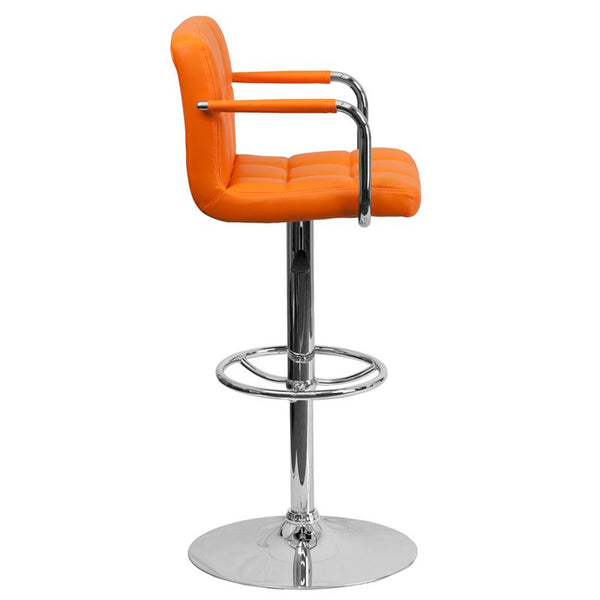 Contemporary Orange Quilted Vinyl Adjustable Height Barstool With Arms And Chrome Base By Flash Furniture | Bar Stools | Modishstore - 2