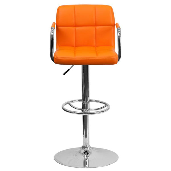 Contemporary Orange Quilted Vinyl Adjustable Height Barstool With Arms And Chrome Base By Flash Furniture | Bar Stools | Modishstore - 4