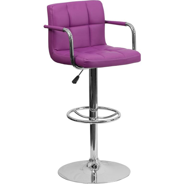 Contemporary Purple Quilted Vinyl Adjustable Height Barstool With Arms And Chrome Base By Flash Furniture | Bar Stools | Modishstore