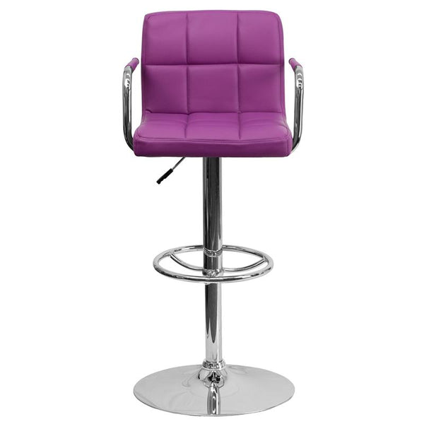 Contemporary Purple Quilted Vinyl Adjustable Height Barstool With Arms And Chrome Base By Flash Furniture | Bar Stools | Modishstore - 4