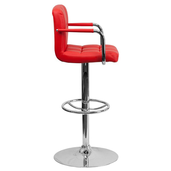 Contemporary Red Quilted Vinyl Adjustable Height Barstool With Arms And Chrome Base By Flash Furniture | Bar Stools | Modishstore - 2