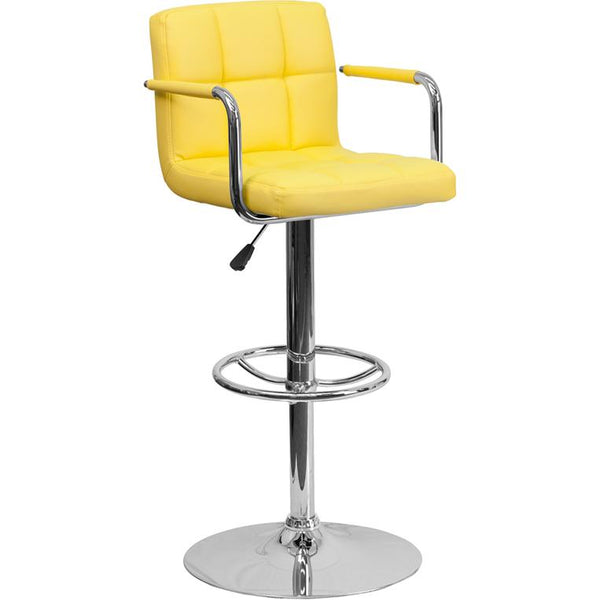 Contemporary Yellow Quilted Vinyl Adjustable Height Barstool With Arms And Chrome Base By Flash Furniture | Bar Stools | Modishstore