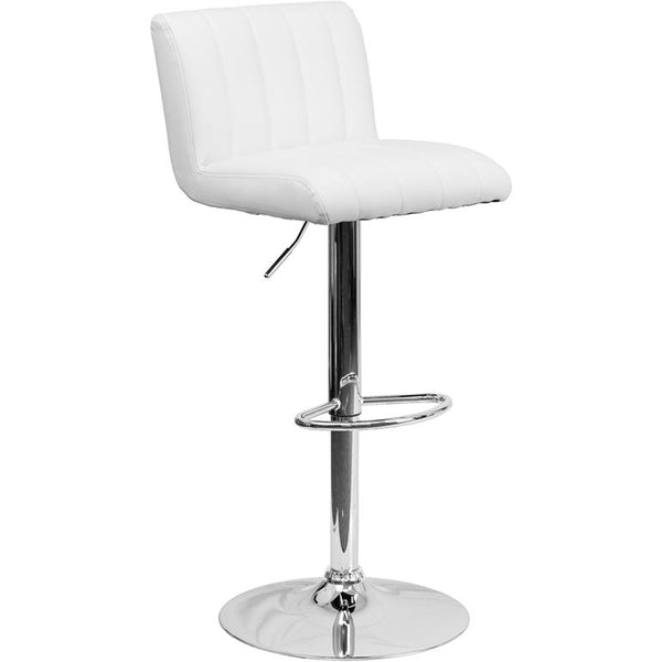 Contemporary White Vinyl Adjustable Height Barstool With Vertical Stitch Back/Seat And Chrome Base By Flash Furniture | Bar Stools | Modishstore