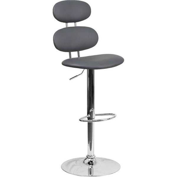 Contemporary Gray Vinyl Adjustable Height Barstool With Ellipse Back And Chrome Base By Flash Furniture | Bar Stools | Modishstore