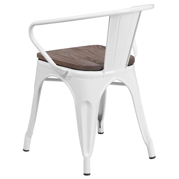 White Metal Chair With Wood Seat And Arms By Flash Furniture | Dining Chairs | Modishstore - 3