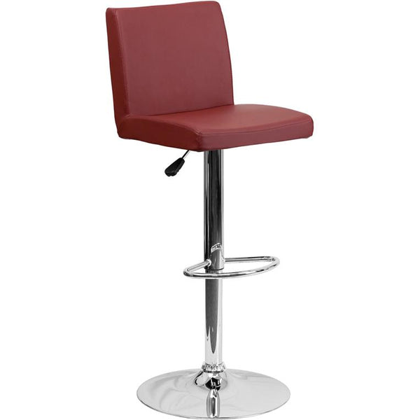 Contemporary Burgundy Vinyl Adjustable Height Barstool With Panel Back And Chrome Base By Flash Furniture | Bar Stools | Modishstore