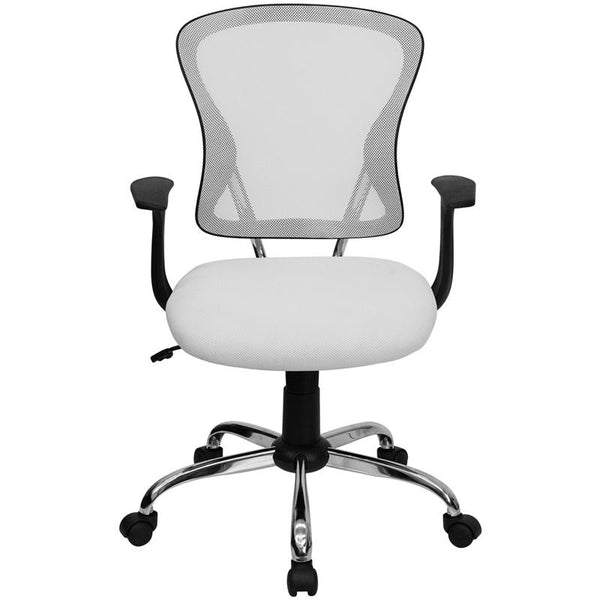 Mid-Back White Mesh Swivel Task Office Chair With Chrome Base And Arms By Flash Furniture | Office Chairs | Modishstore - 4