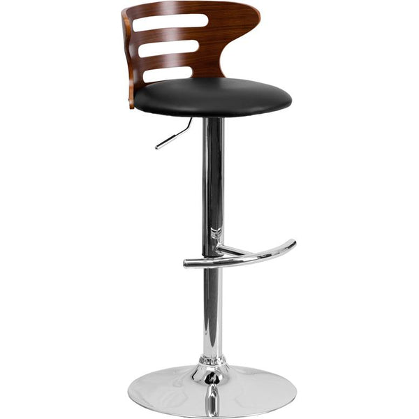 Walnut Bentwood Adjustable Height Barstool With Three Slot Cutout Back And Black Vinyl Seat By Flash Furniture | Bar Stools | Modishstore