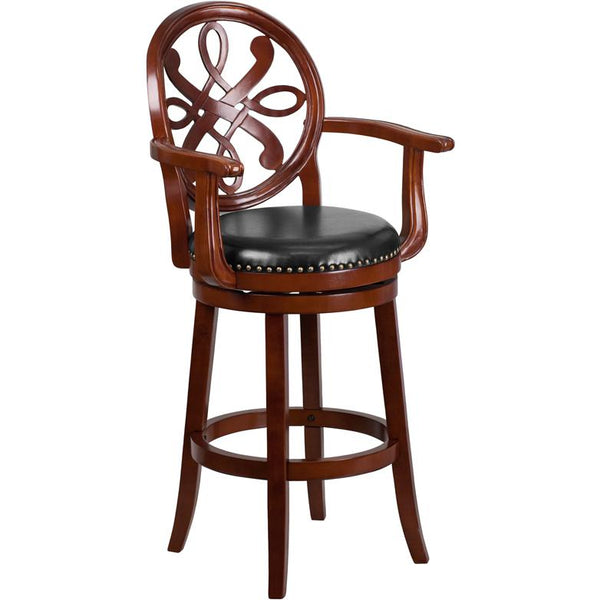 30'' High Cherry Wood Barstool With Arms, Carved Back And Black Leathersoft Swivel Seat By Flash Furniture | Bar Stools | Modishstore